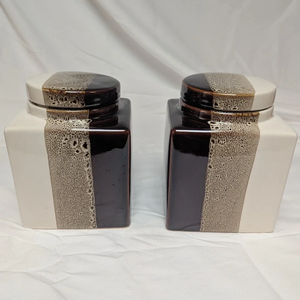 Pier 1 Canister Set Brown Tri Color Reactive‎ Glaze 2pc Stoneware Canister